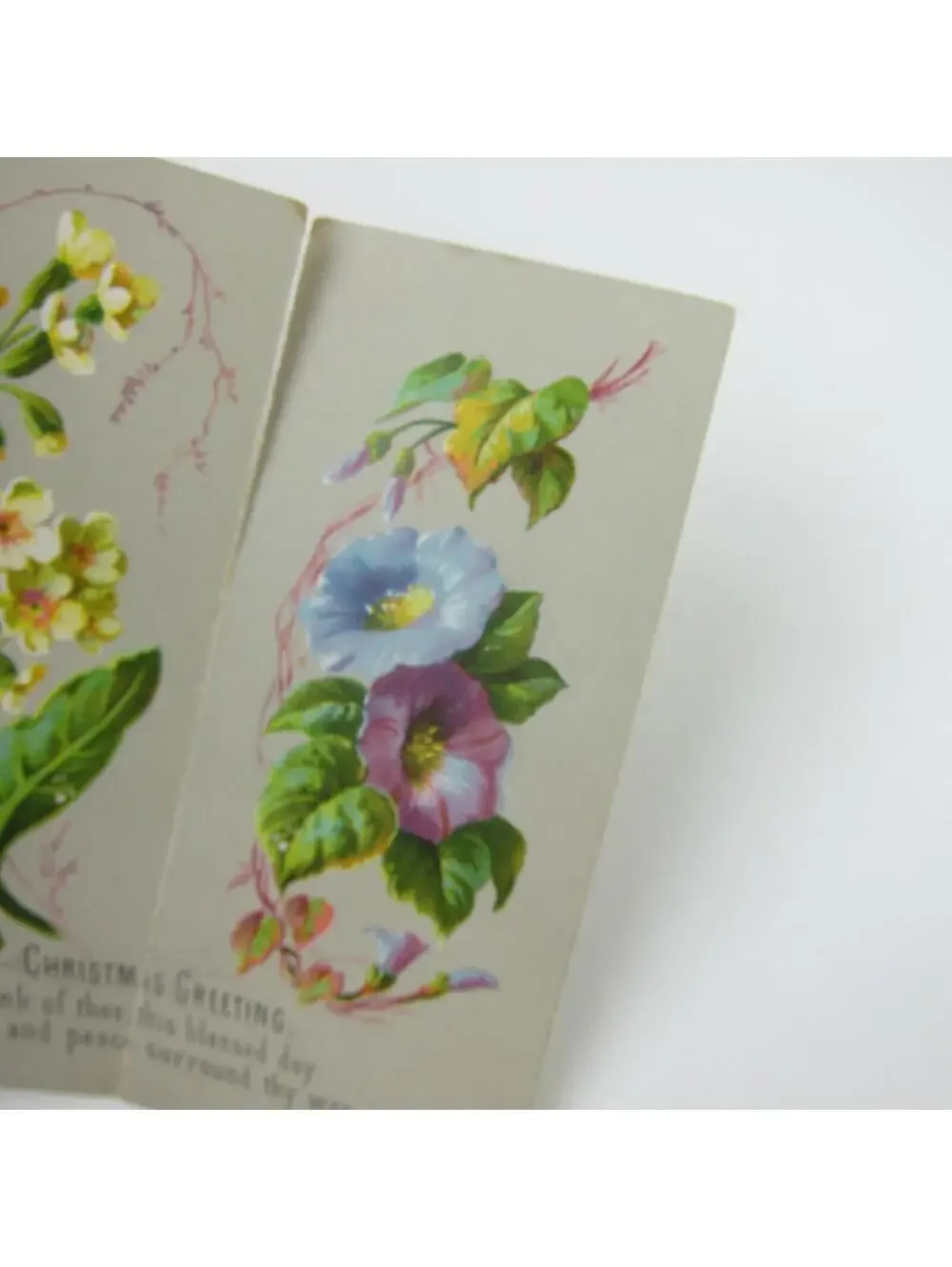 Victorian Christmas Card Boy Serving Tea Girl Picking Berries Flowers Antique